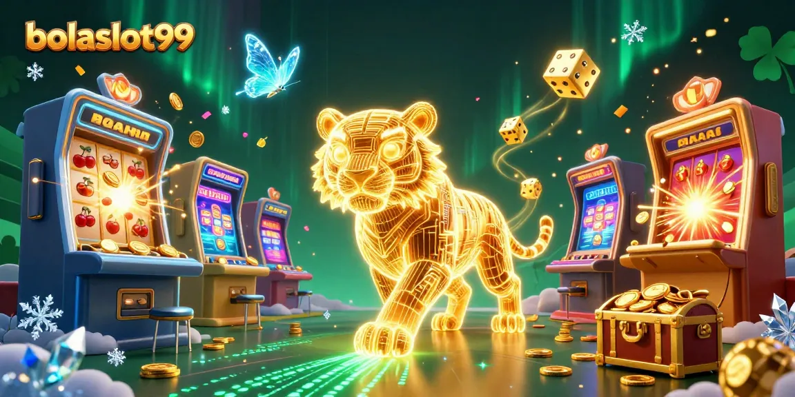 Bolaslot99 showcases a vibrant casino scene with a glowing tiger and exploding jackpots.