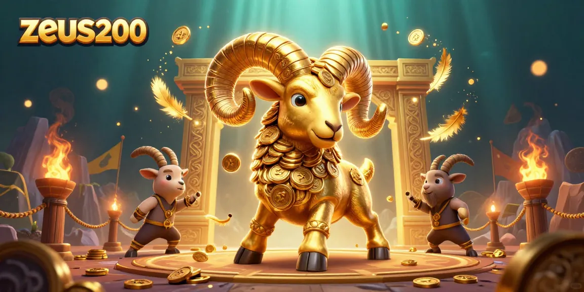 zeus200 menggambarkan ram emas berjuang di arena perjudian dengan koin berkilauan dan elemen kasino lainnya