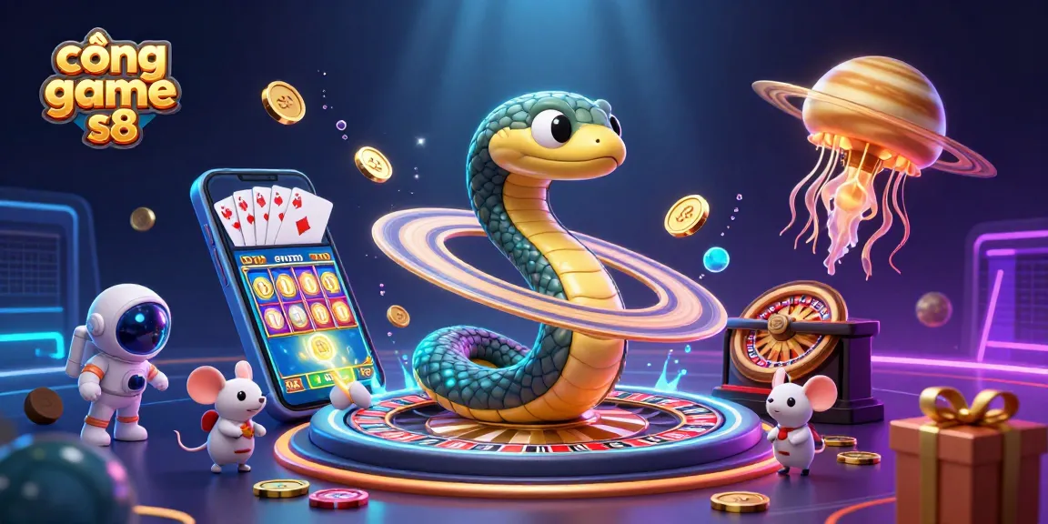 Engage with cổng game s8 through a vibrant 3D scene featuring cosmic elements and gaming excitement.