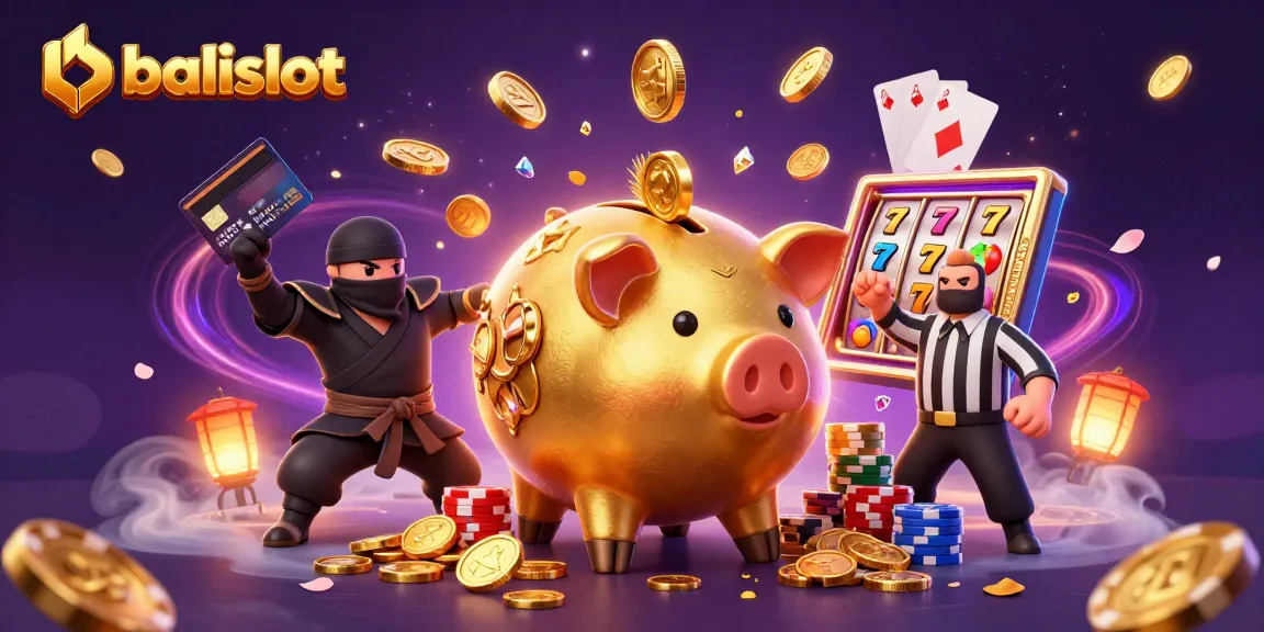 Bermain balislot dengan celengan piggy bank emas, dompet ninja, dan wasit samurai di kasino.