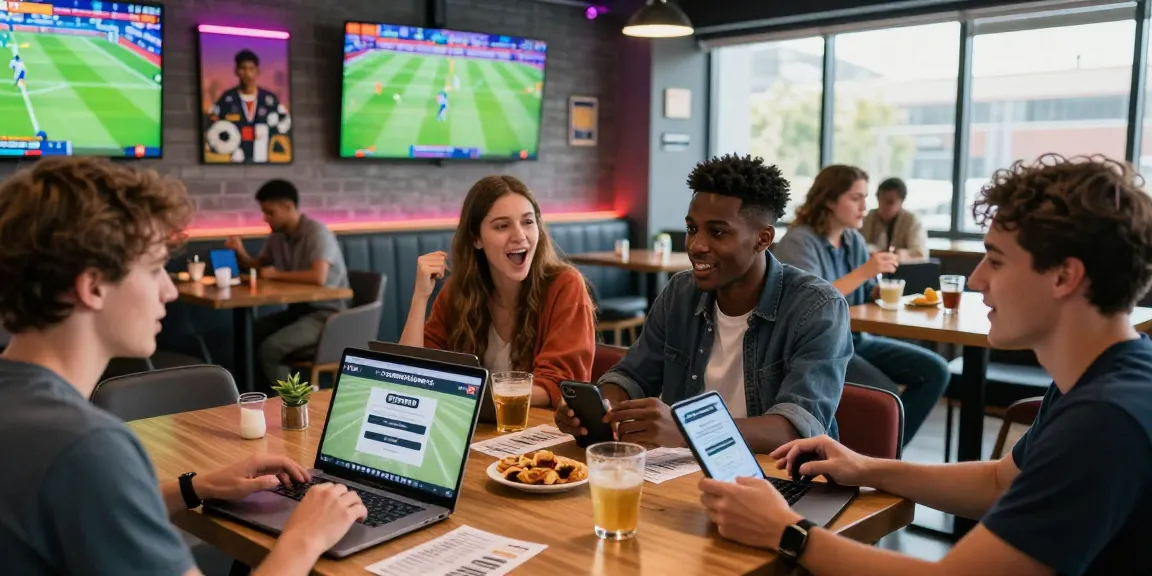 Excited group at a sports lounge using TEMPOTOTO login to place bets for the 2026 World Cup.
