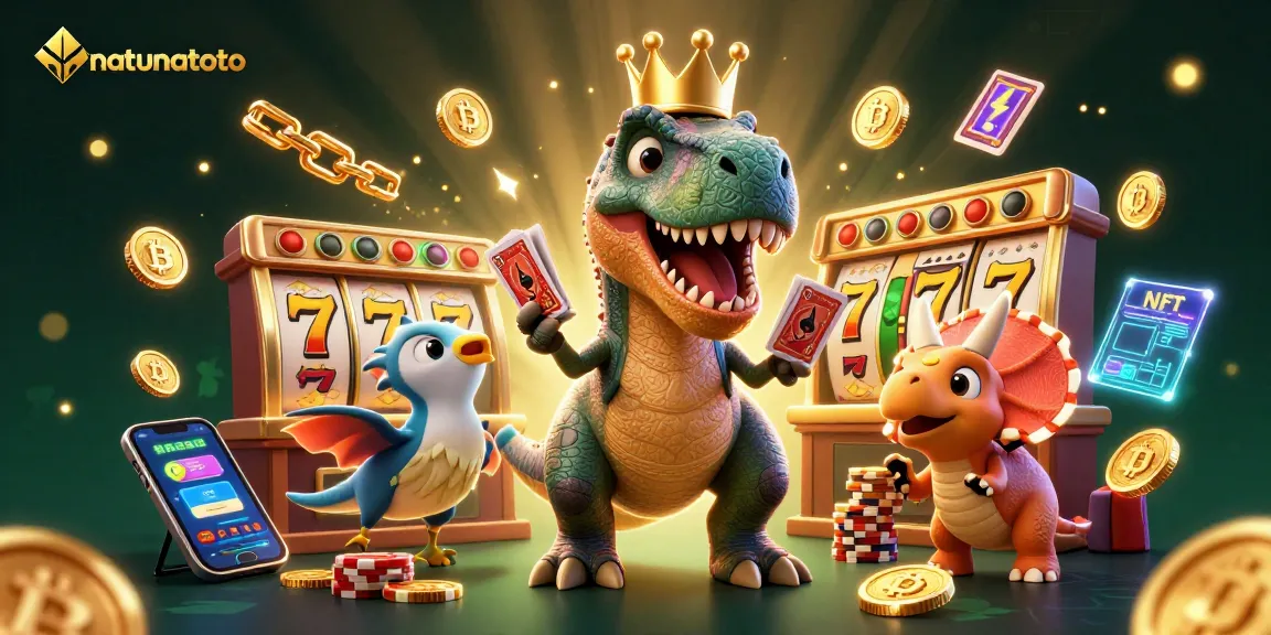 Experience the thrill at natunatoto with a T-Rex shuffling cards in a vibrant casino scene.