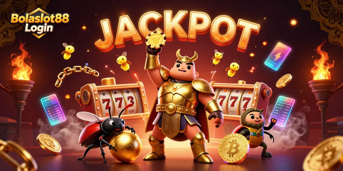Bolaslot88 Login captivates players with vivid illustration of a beetle champion amidst vibrant slot reels and glowing crypto coins.