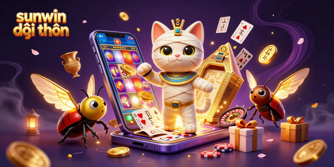 Experience the excitement of sunwin đổi thưởng with a vibrant scene featuring an Egyptian mummy cat and a scarab beetle.