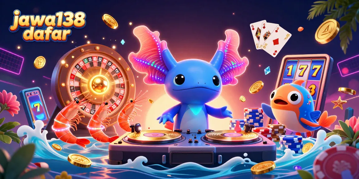jawa138 daftar showcases a vibrant casino scene with neon elements and a dynamic axolotl DJ.