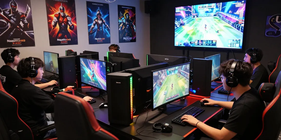 Gamers enjoying the Nagahitam303 platform with vibrant lights and teamwork.