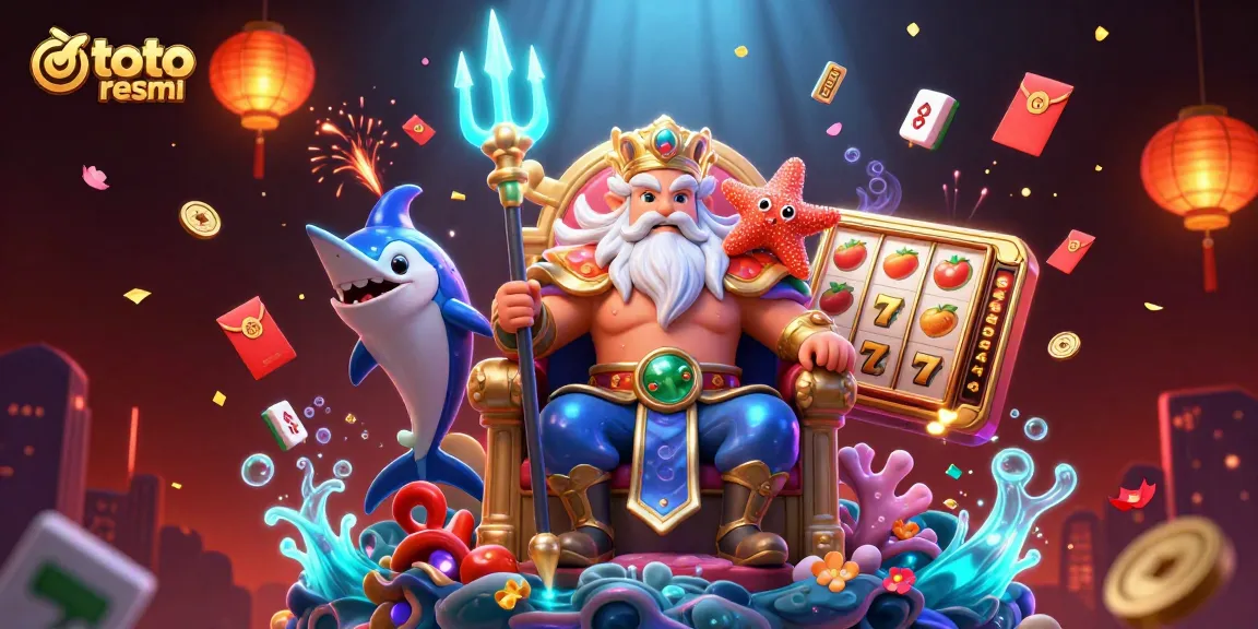 Gambar konsep ilustrasi kasino bawah laut dengan toto resmi dan karakter menarik.