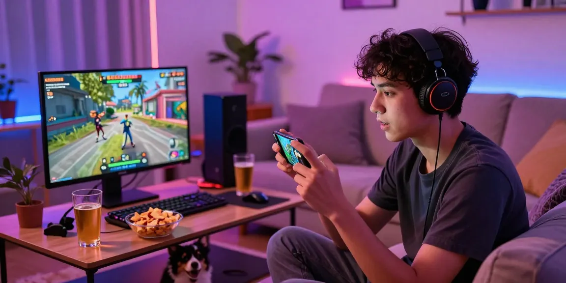 Pengalaman bermain game mobil dengan teman, fokus pada smartphone sambil menikmati camilan di ruang tamu, mencerminkan konsep predict play.