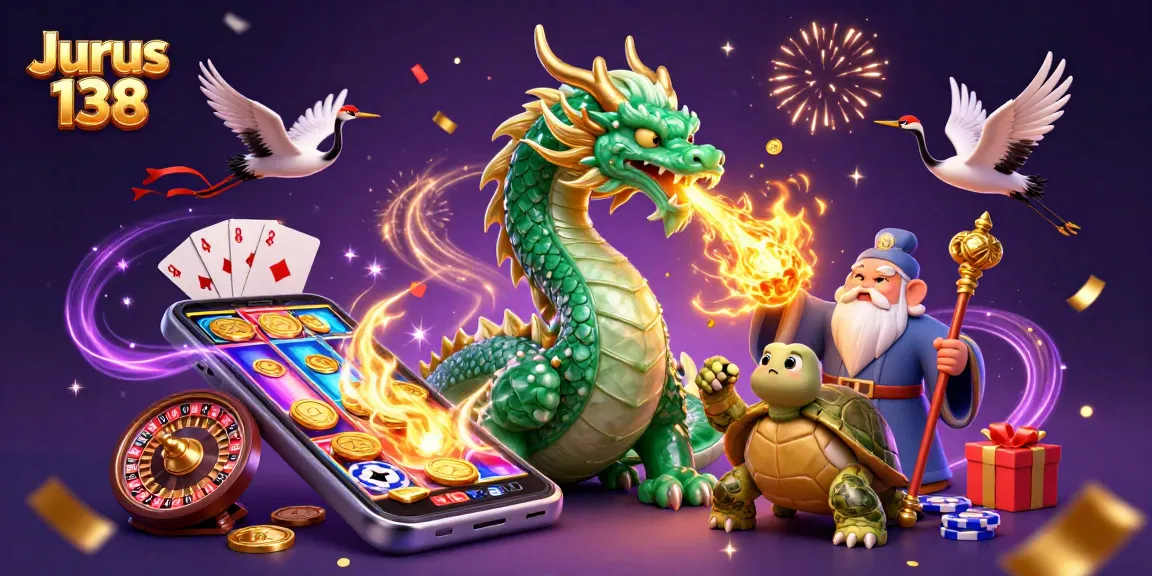 Jurus 138 showcases a vibrant casino-themed scene with a jade dragon and slot games.