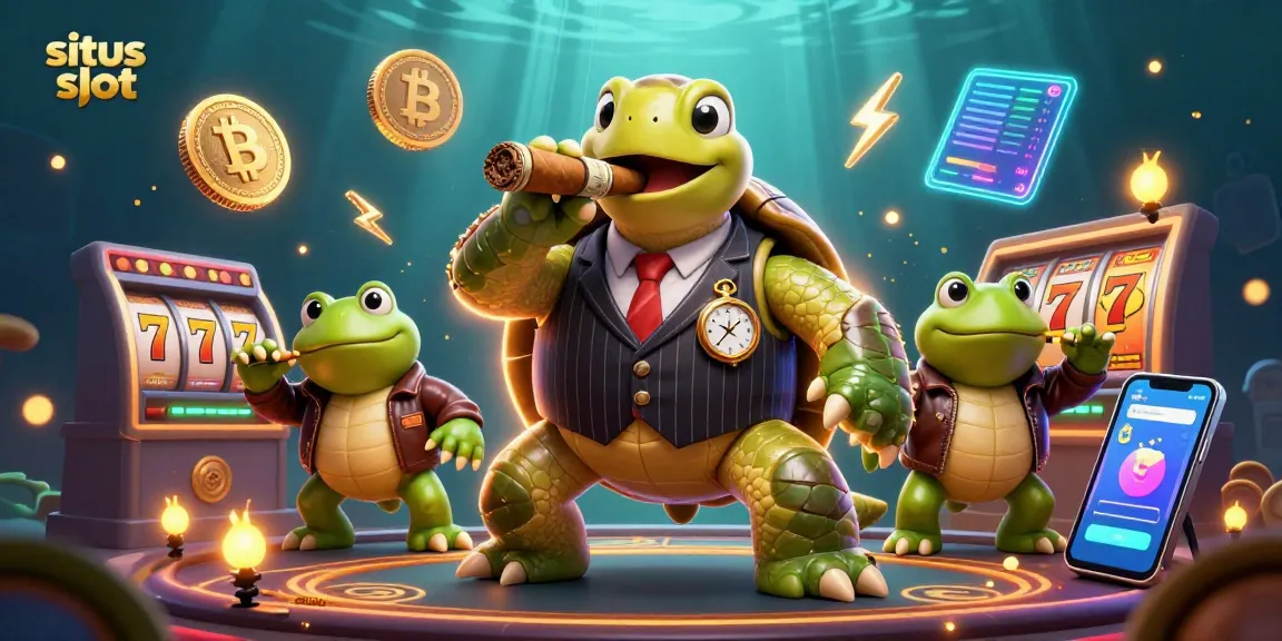 Engage in situs slot action featuring a snapping turtle mobster and bullfrog enforcers with slot reels.
