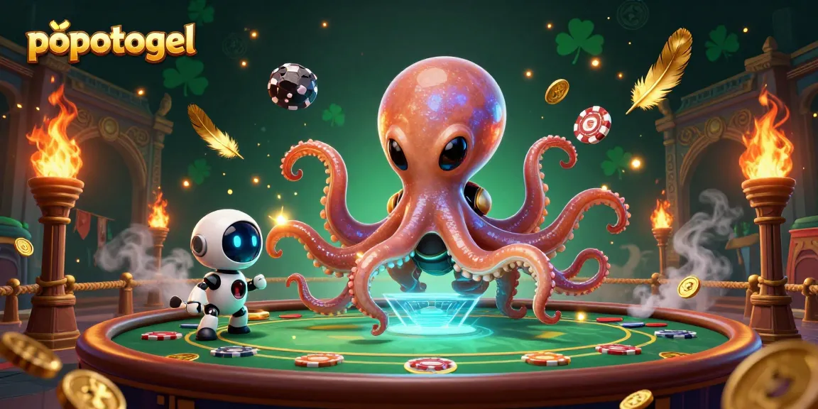 Join the popotogel adventure as a vibrant alien octopus operates a holographic poker table in a cosmic gambling arena.