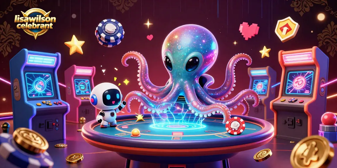 Lisawilsoncelebrant menunjukkan alien gurita bermain poker di ruangan kasino yang penuh warna.