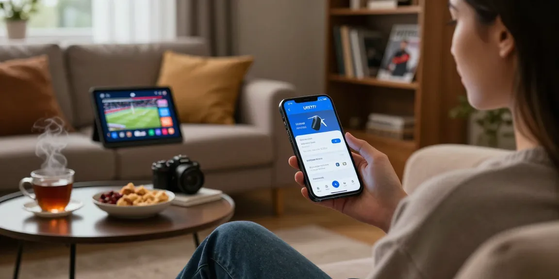 Antarmuka aplikasi UFO777 di smartphone pengguna di ruang tamu yang nyaman.