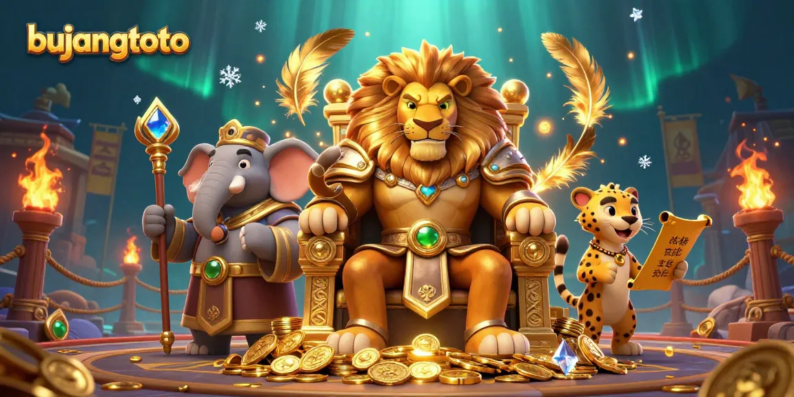 Bujangtoto menghadirkan ilustrasi 3D yang dinamis dengan raja singa, gajah penasihat, dan cheetah pembawa gulungan emas di dunia perjudian yang menakjubkan.