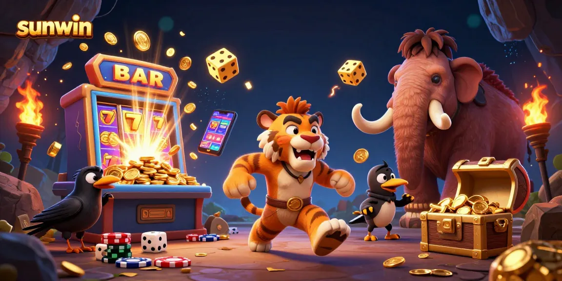 Engage with sunwin's thrilling casino experience featuring lively 3D characters amidst vibrant slots and gaming elements.